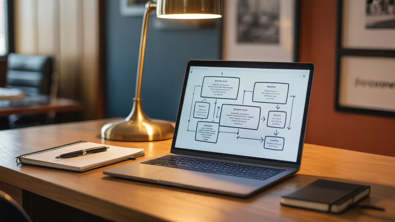 Laptop screen displaying a multi-step workflow diagram with connected boxes and arrows — AI citation optimization workflow