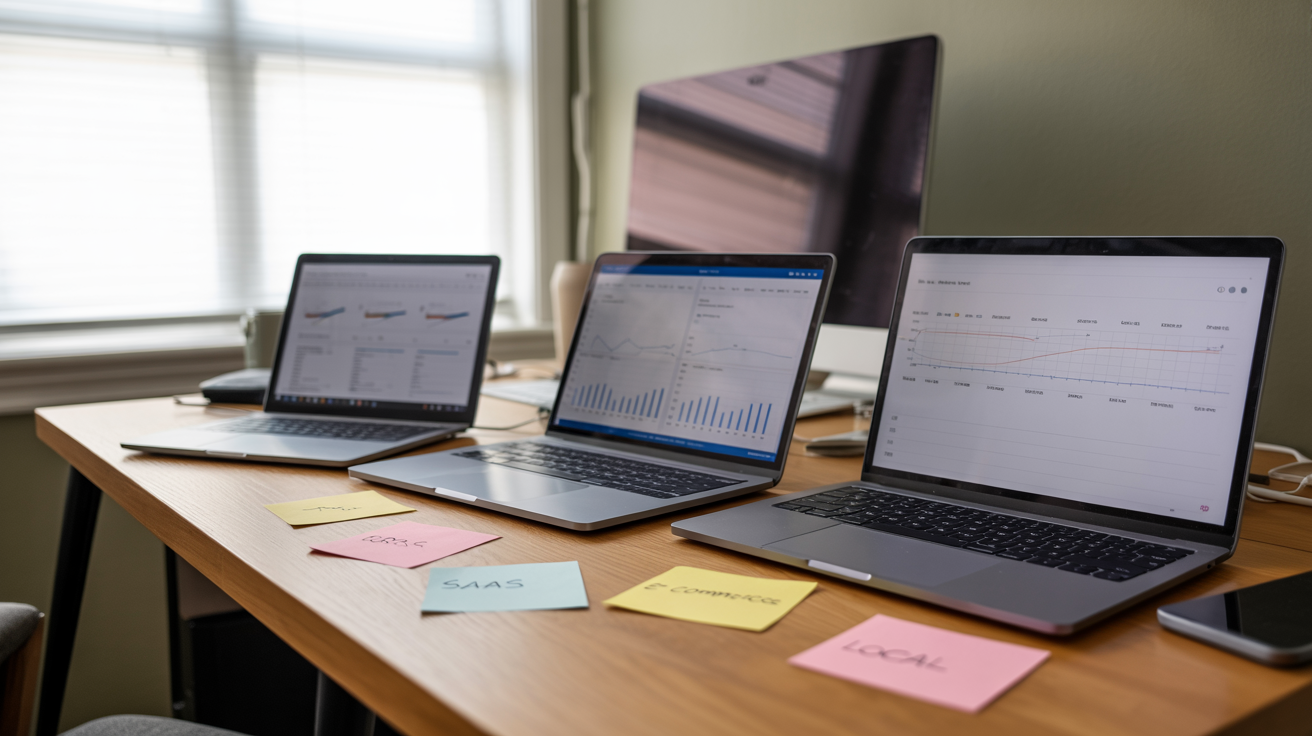 Three laptops on a desk showing different analytics dashboards and spreadsheets — GEO strategies for SaaS startups