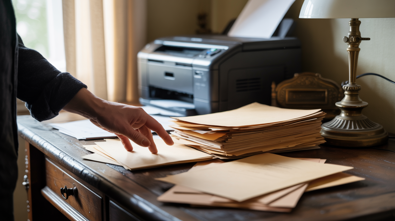 Cluttered desk with a laptop screen angled away from view — how to convert bank statement PDF to CSV automatically