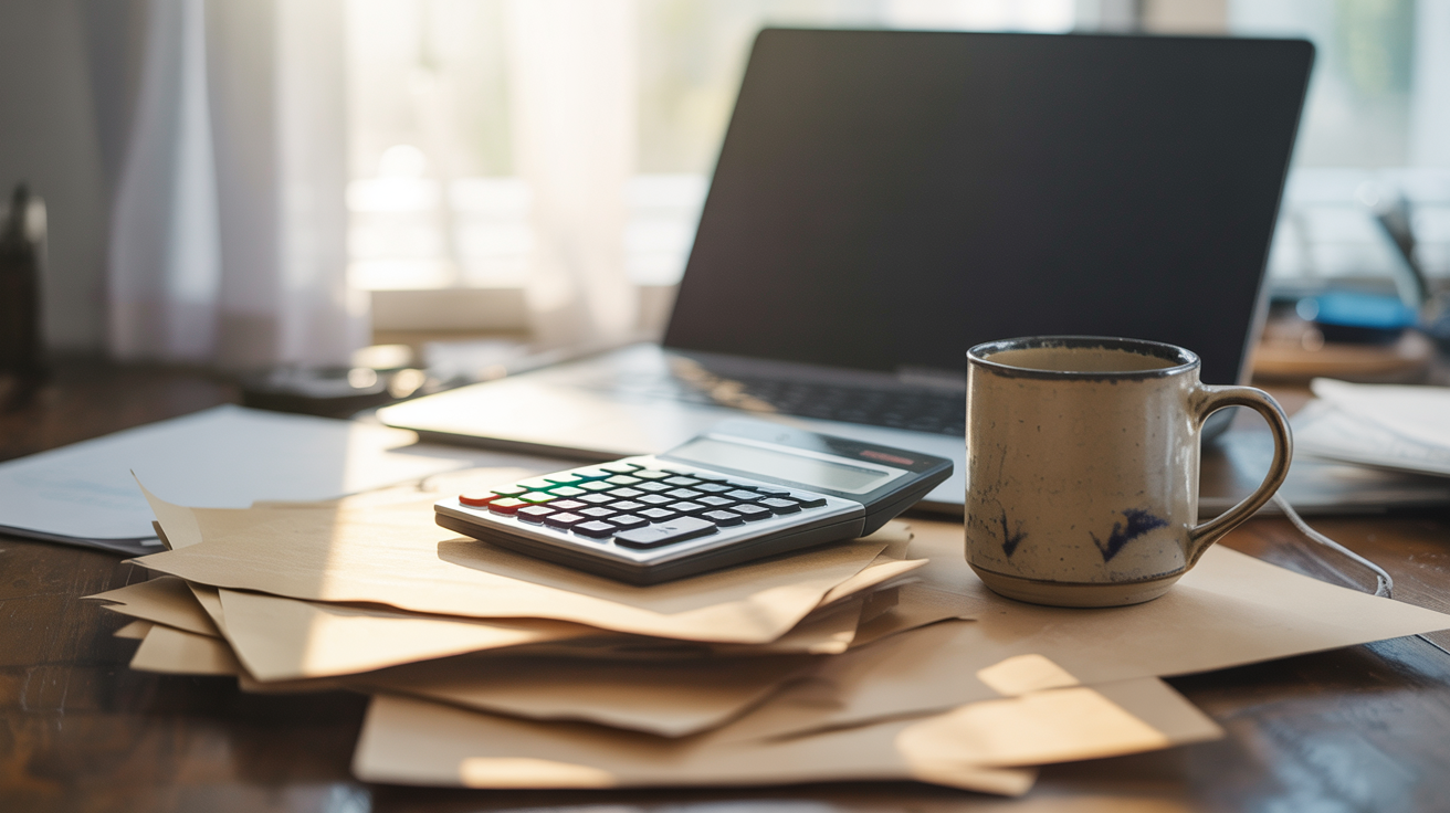 Cluttered desk with a blank laptop screen angled away — rapprochement bancaire pour freelancers