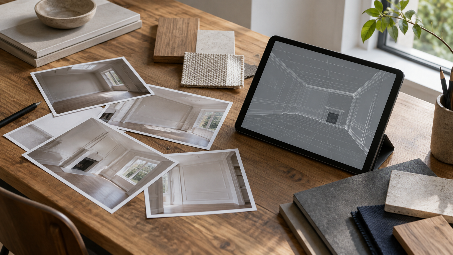 Wooden work table with physical source photos of a room scattered fl..., illustrating 3D world capture problems and solutions