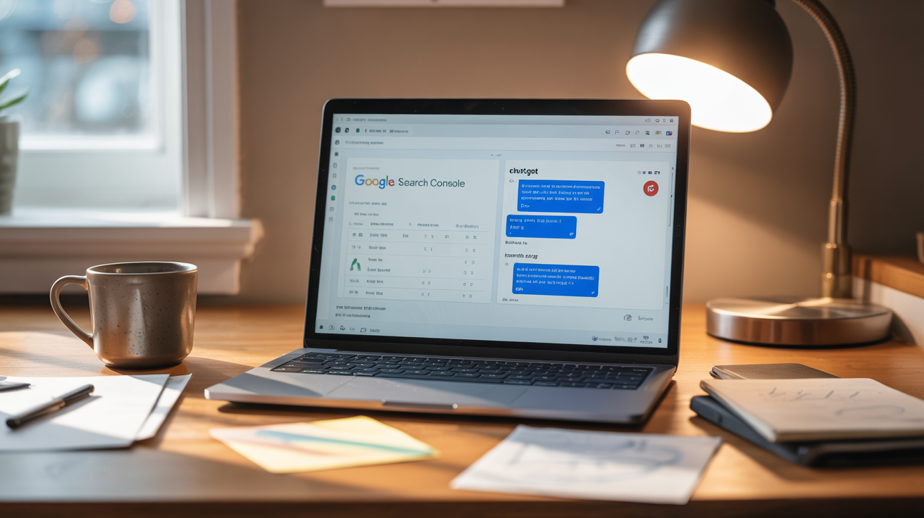 Laptop screen displaying split analytics dashboard—Google Search Console on left — SEO and AI monitoring tools