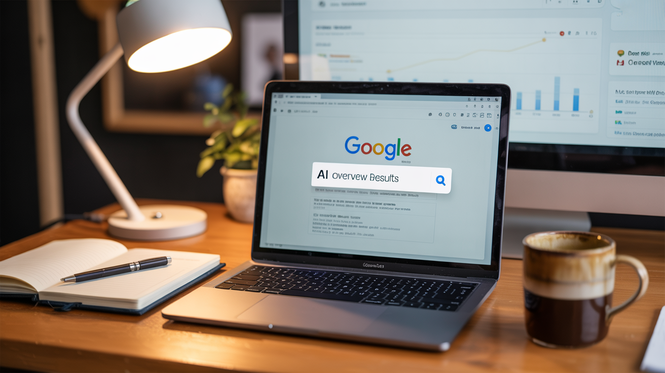 Laptop screen displaying Google Search results with an AI Overview box highlighted at the top — how to track google ai ove...