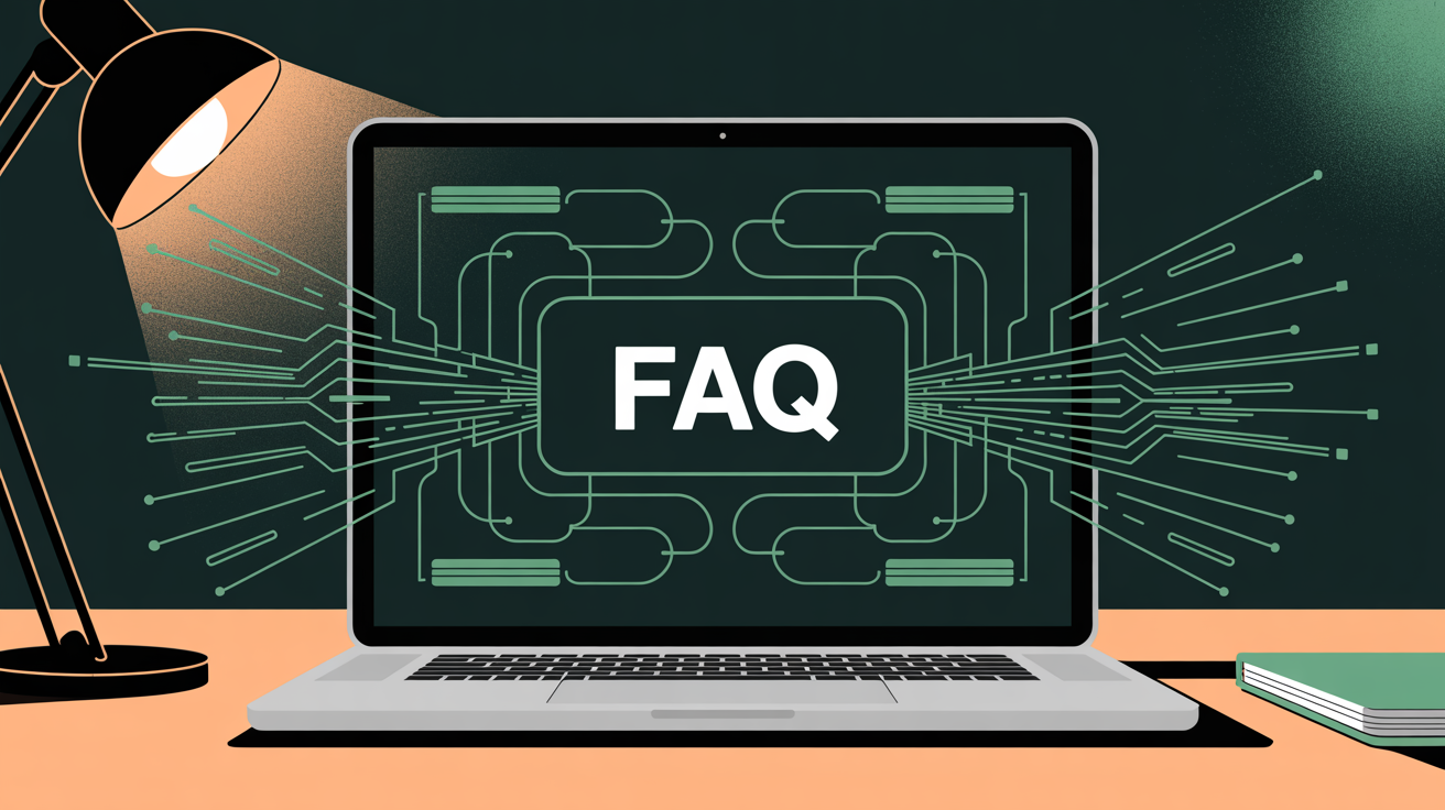 Close-up of a laptop screen displaying a structured FAQ section with nested question-and-answer blocks — FAQPage schema fo...