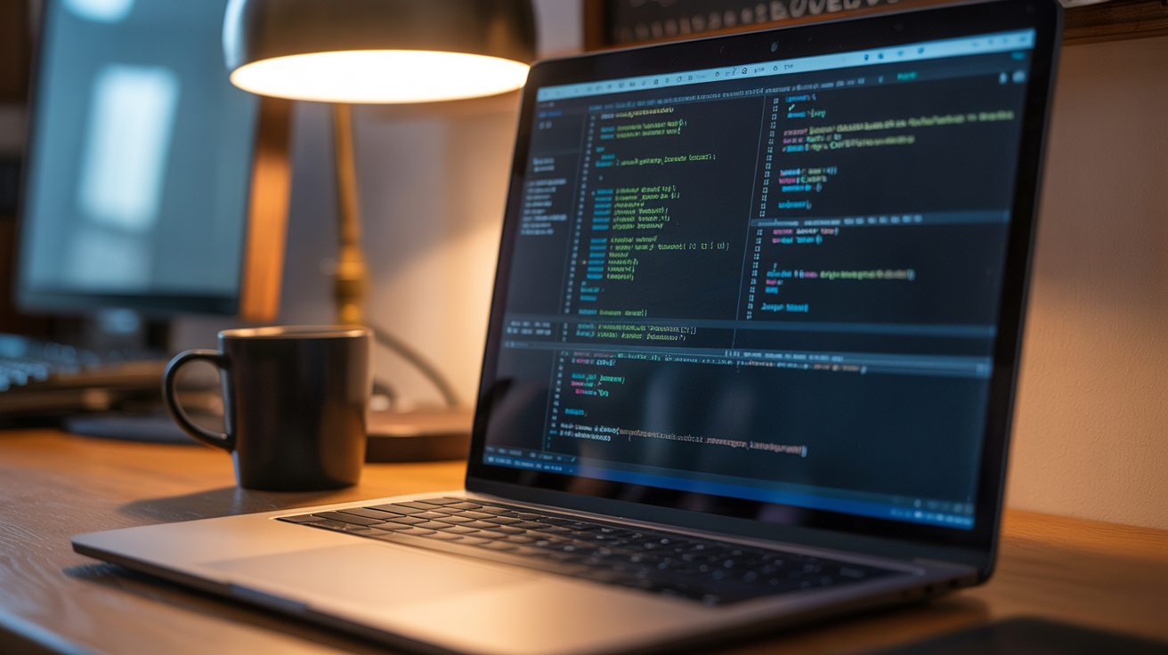 Close-up of a laptop screen displaying structured schema markup code in a code editor — how to add schema markup for Googl...