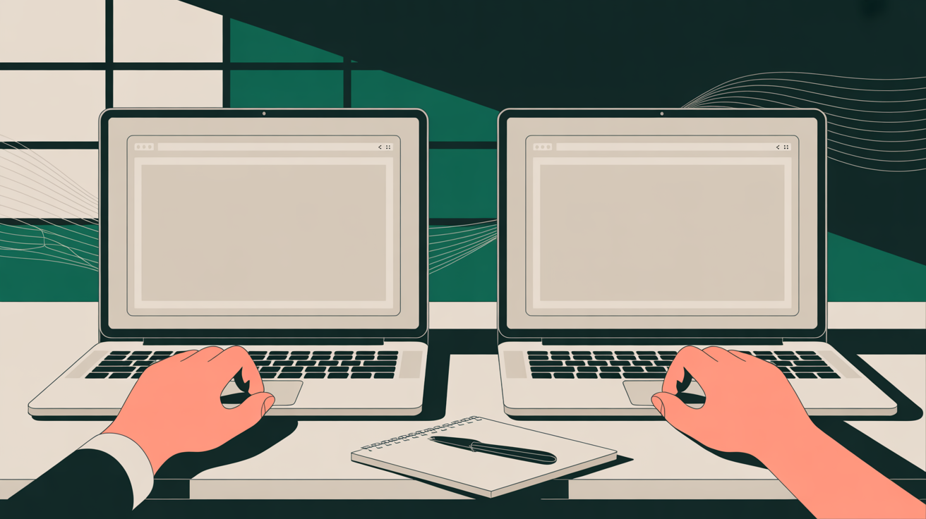 Two laptop screens side by side on a desk — airps.com vs competitor comparison