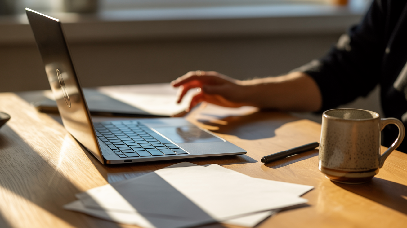 Overhead angle of a desk with an open laptop angled away from view — mejores herramientas para convertir estados de cuenta...