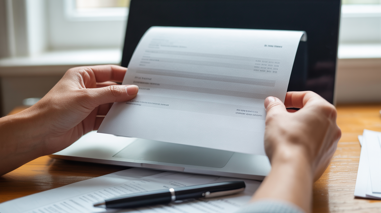 Close-up overhead angle of hands holding a blank bank statement printout over an open laptop with an unreadable screen — c...