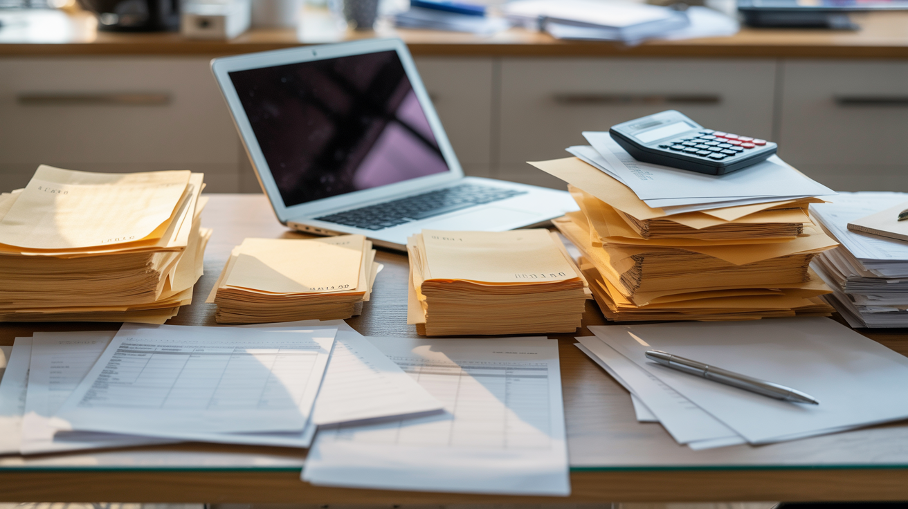 Accountant's desk with stacks of blank bank statements and papers slightly scattered — extraer datos de estado de cuenta b...