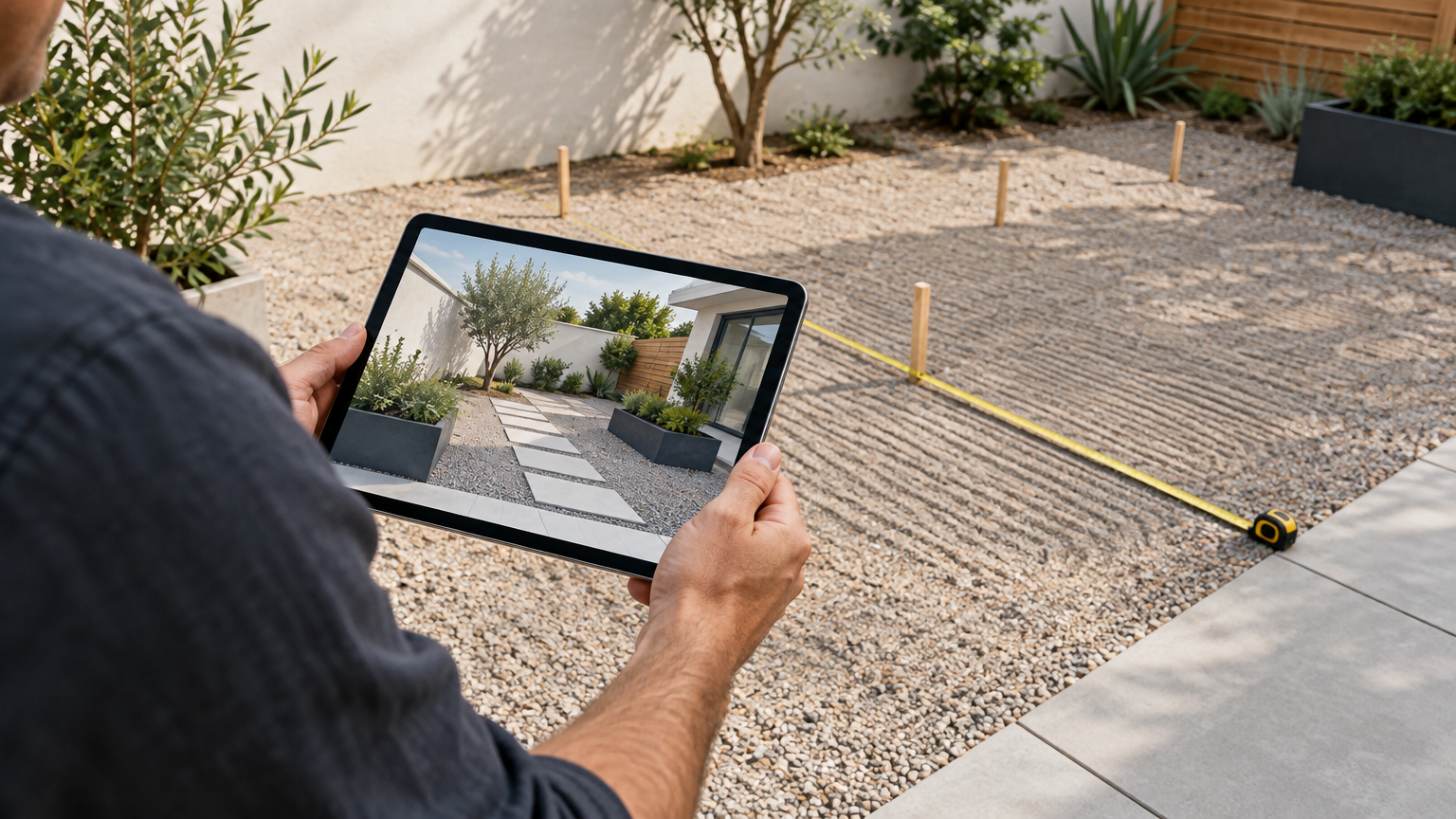 Outdoor residential patio with raked gravel area, wooden stake markers ..., illustrating AI 3D landscape design visualization
