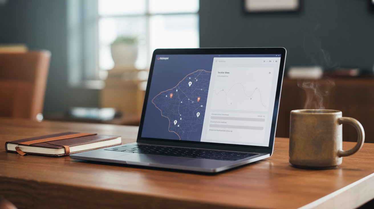 Laptop screen displaying a map with location pins and analytics dashboard — GEO vs traditional SEO