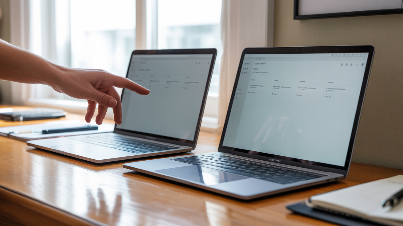 Two laptop screens side by side on a desk — llm cost tracking tools comparison