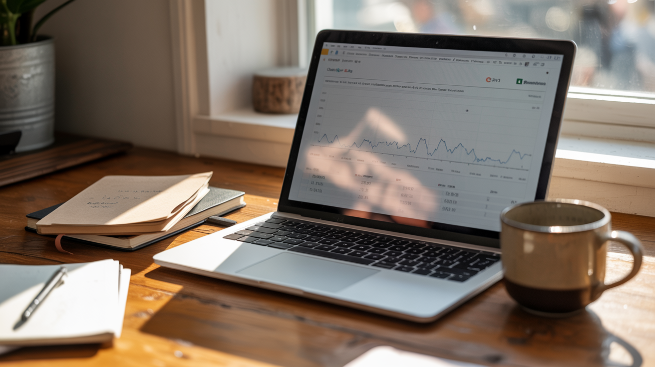 Laptop screen showing a Google Analytics dashboard with traffic graph and AI citation metrics overlay — how to track AI ci...