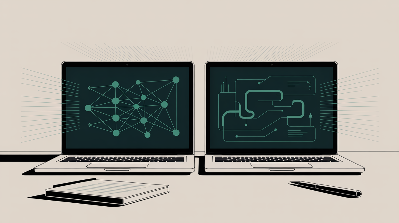 Two laptop screens side by side on a clean desk — geo vs seo comparison
