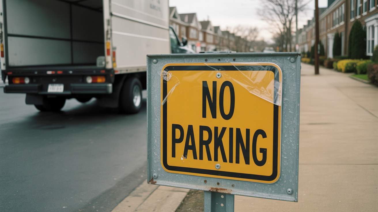 Residential street curb with yellow and black temporary no-parking sign mounted on post — temporary no parking signs for m...