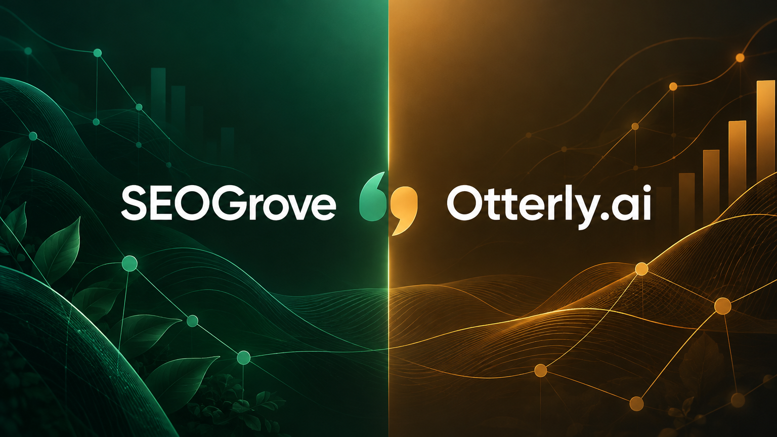 Bold editorial face-off composition, left field deep forest-green with "SEOGrove" ..., illustrating seogrove.io vs otterly.ai