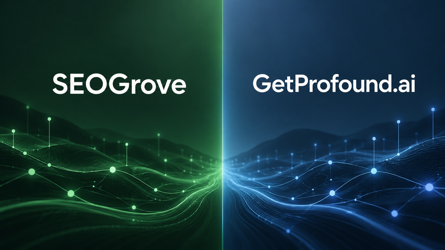 Split composition down the middle: left field deep forest-green with "SEOGrove..., illustrating seogrove.io vs getprofound.ai