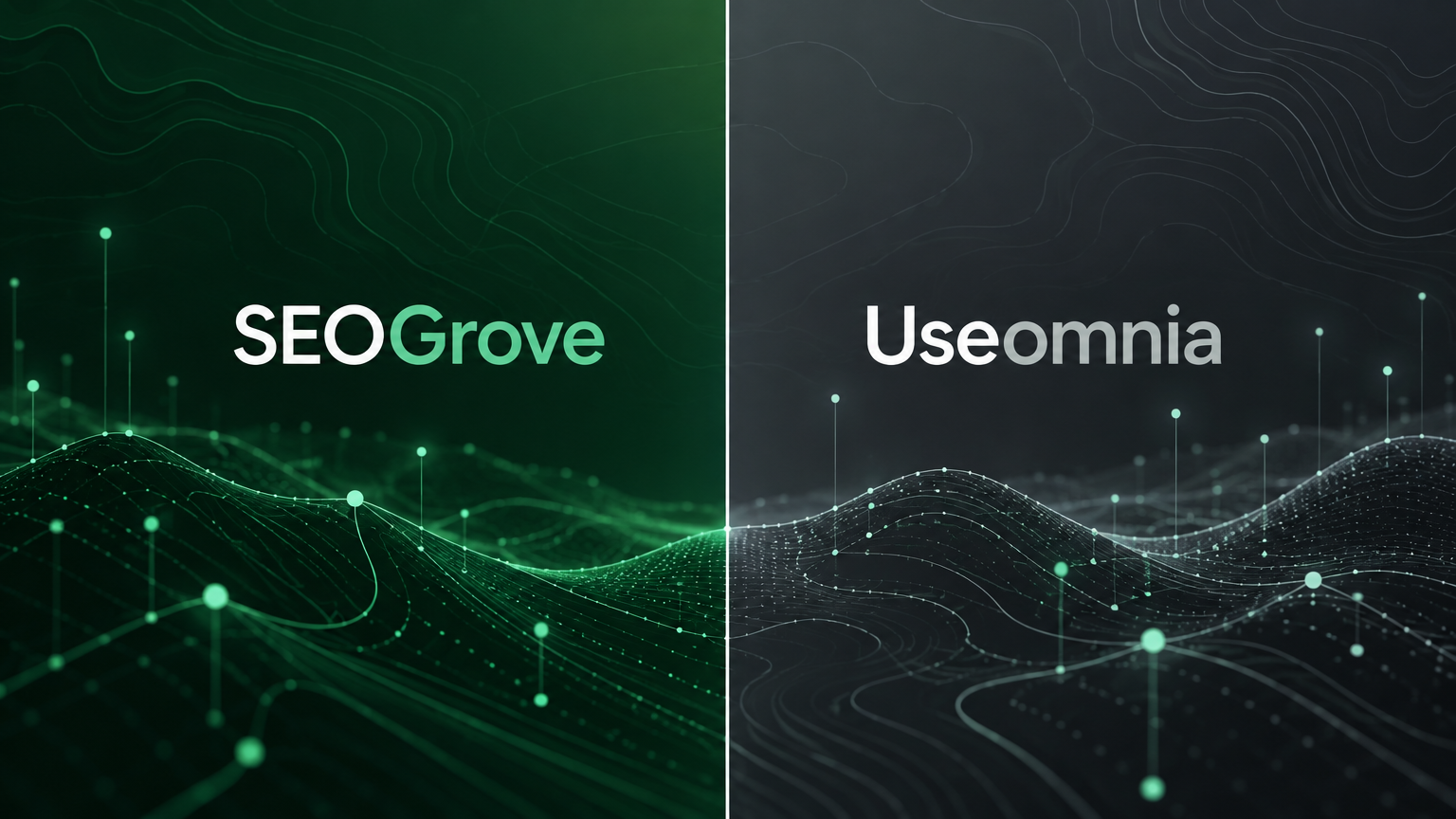 Split-screen editorial graphic, left half showing the wordmark "SEOGrove" in cle..., illustrating seogrove.io vs useomnia.com