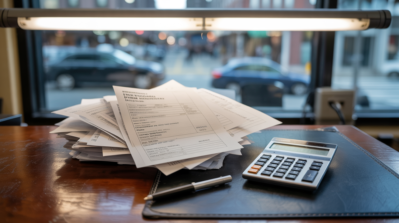 A stack of official permit documents and citation notices spread across a wooden desk — moving permit fine amounts by city