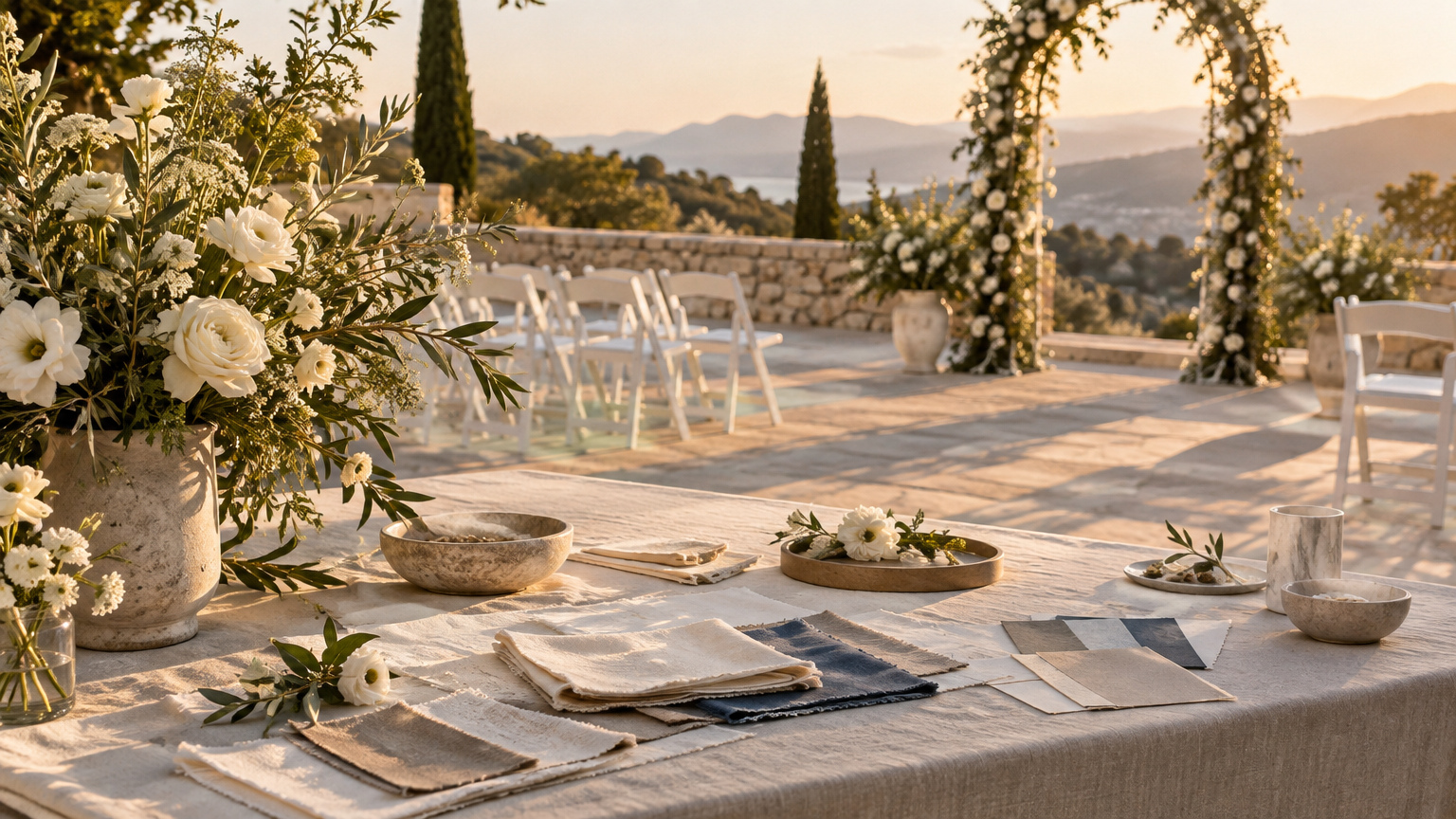 Wedding venue terrace at golden hour, long table with fabric swatches ..., illustrating wedding planner 3D venue presentation
