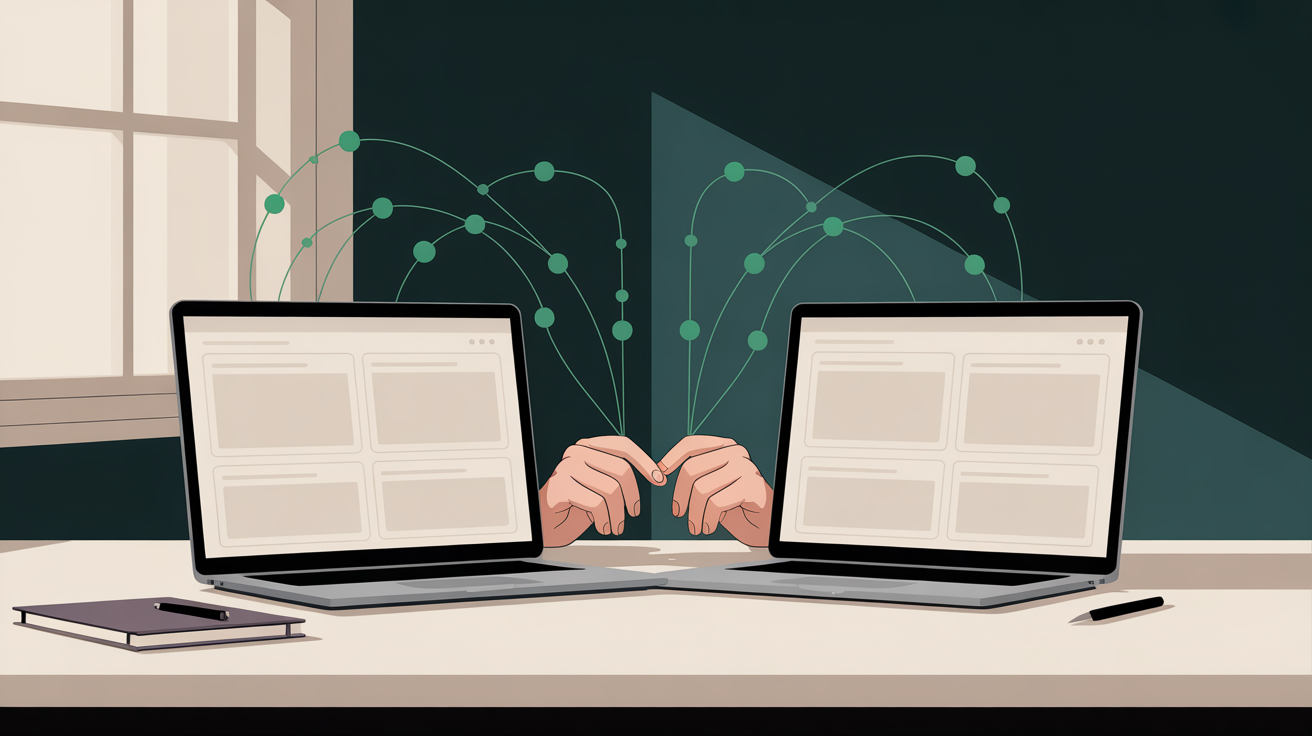 Two laptop screens side-by-side on a minimalist desk — stackmatix.com vs competitor comparison