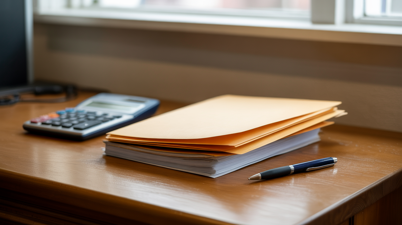 Overhead angle of a desk with stacked blank folders — cómo organizar estados de cuenta para declaración de impuestos
