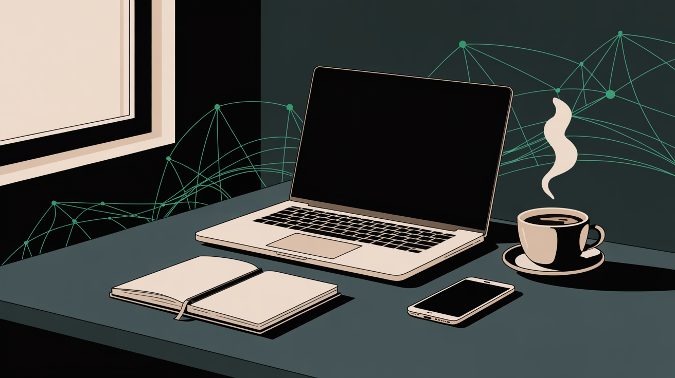 Indie hacker's desk with laptop screen angled away (unreadable) — generative engine optimization definition